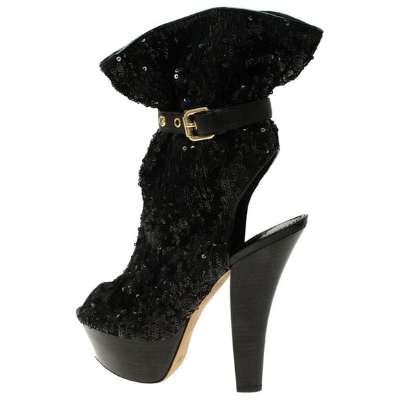 Louis Vuitton Black Sequins and Leather Peep Toe Platform Ankle Boots Size 37 - Picture 3 of 4